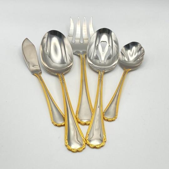 Contemporary Yamazaki Tasha Gold Accent Stainless Flatware Hostess Set – Five Serving Pieces 1990's For Sale - Image 3 of 18