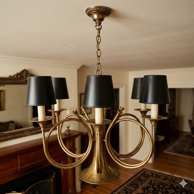 This is a mid-century brass French horn hunt chandelier with six arms attributed to Chapman Manufacturing. It is perfect...