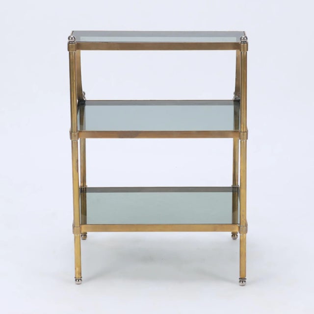 Circa 1970 French Neoclassical Style Three Tier Stepped Back Brass and Glass Side Tables - a Pair For Sale - Image 4 of 10
