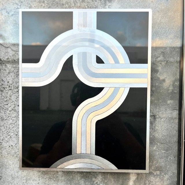 1970s Vintage 1970s Op-Art Geometric Black and Silver Foil Framed Print. For Sale - Image 5 of 17