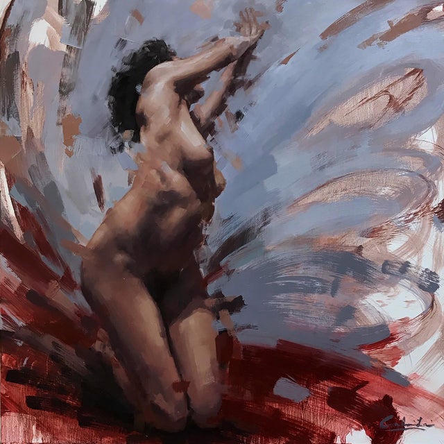 This artwork depicts a figure in a dynamic pose, evoking a sense of surrender and liberation. The fluid brushwork and rich...