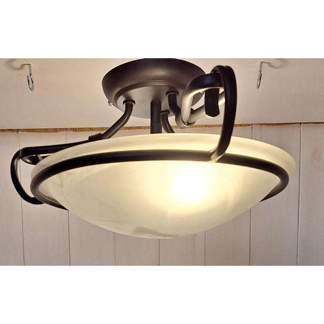 Vintage Ceiling Lamp with White Marbled Glass Shade in a Black Metal Mount by Honsel, 2000s For Sale - Image 3 of 8