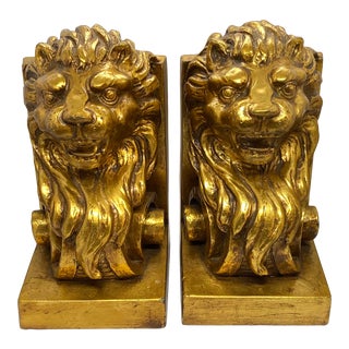 Vintage Gold Gilt Wood Lion Head Bookends - Pair For Sale