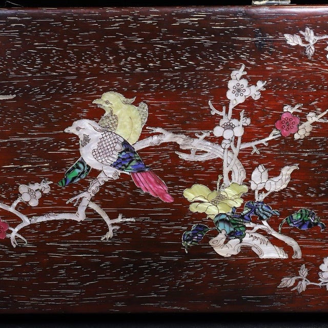 Brown Zitan Wood Box Inlaid With Mother-of-Pearl Bird & Floral Motif For Sale - Image 8 of 8