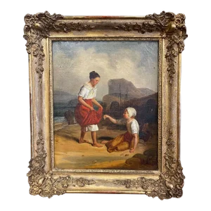 Early 19th Century French Oil on Canvas Beach Painting in Carved Gilt Frame