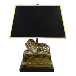Late 20th Century Neoclassic Brass Lion Low Desk Lamp Rectangular Black Shade For Sale