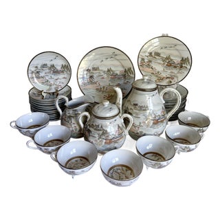 1970s Japanese Hand-Painted Eggshell Porcelain Landscape Luncheon Tea Set - 36 Pieces For Sale