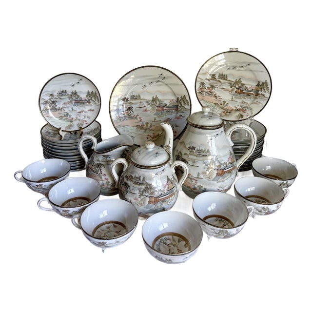 1970s Japanese Hand-Painted Eggshell Porcelain Landscape Luncheon Tea Set - 36 Pieces For Sale
