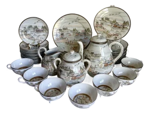 1970s Japanese Hand-Painted Eggshell Porcelain Landscape Luncheon Tea Set - 36 Pieces