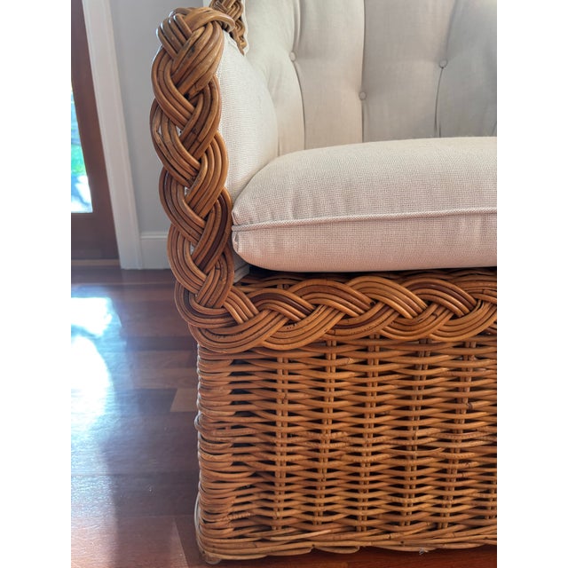1960s Vintage Cottage Wicker Braided Rattan Arm Chairs With New Upholstery - Set of 2 For Sale In Seattle - Image 6 of 10