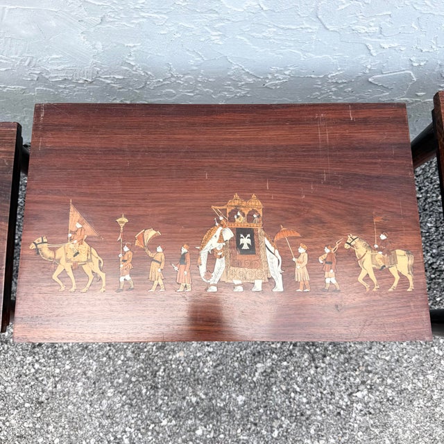 Vintage Mid Century Anglo Indian Bone and Wood Inlaid Rosewood Nesting Tables - Set of 3 For Sale - Image 4 of 12