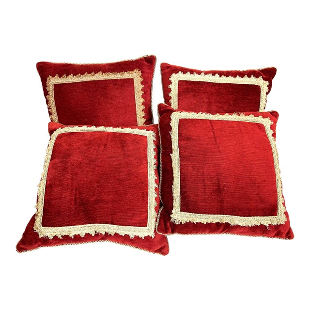 French Rococo Red Velvet Lace Pillows - Set of 2 For Sale
