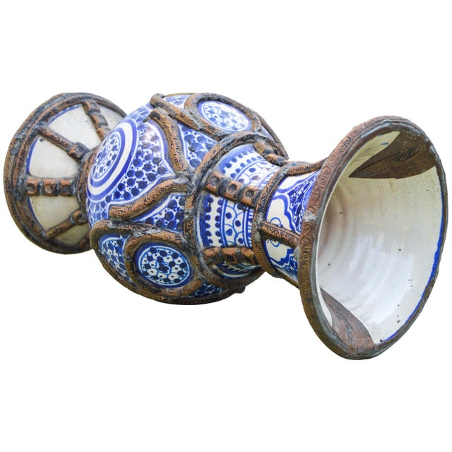 Metal Blue Ceramic Vase W/ Brass Filigree For Sale - Image 7 of 10