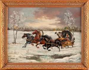20th Century, Signed Oil on Canvas, Winter Scene, Gilt Frame, Horses, Sleigh, Painting