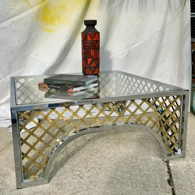 Mastercraft 1970s Hollywood Regency Two-Tone Chrome & Brass "Cloister" Square Cocktail Table Attributed to Mastercraft For Sale - Image 4 of 9