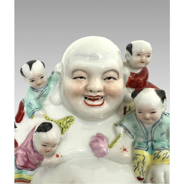 Metal Vintage Porcelain Famille Jaune Chinese Laughing Buddha With Five Children & Long Life For Sale - Image 7 of 10