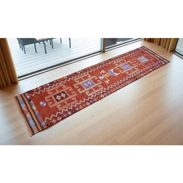 1960s Vintage Hand-Knotted Primitive Turkish Rug Runner Ancient Alien Motif - 2′8″ × 10′8″ For Sale - Image 4 of 13