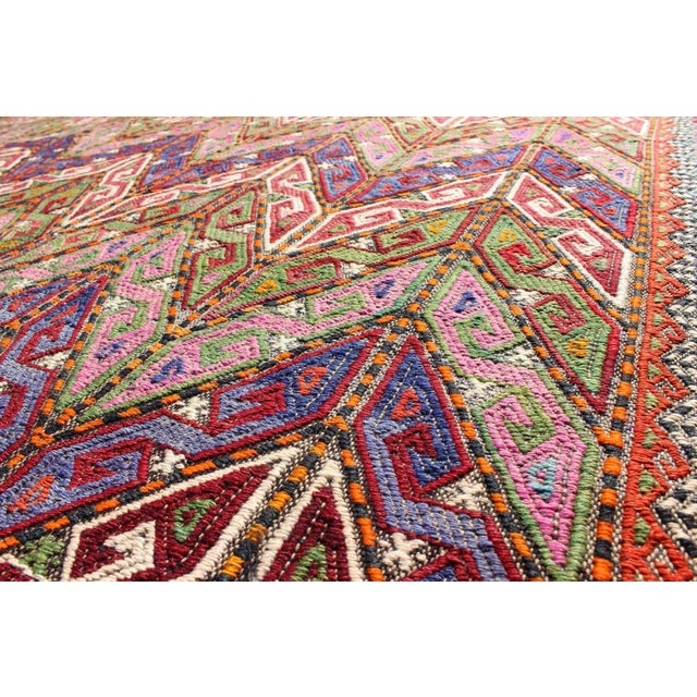 Textile Mid 20th Century Colorful Vintage Turkish Embroidered Flat-Weave With All-Over Tribal Design For Sale - Image 7 of 13