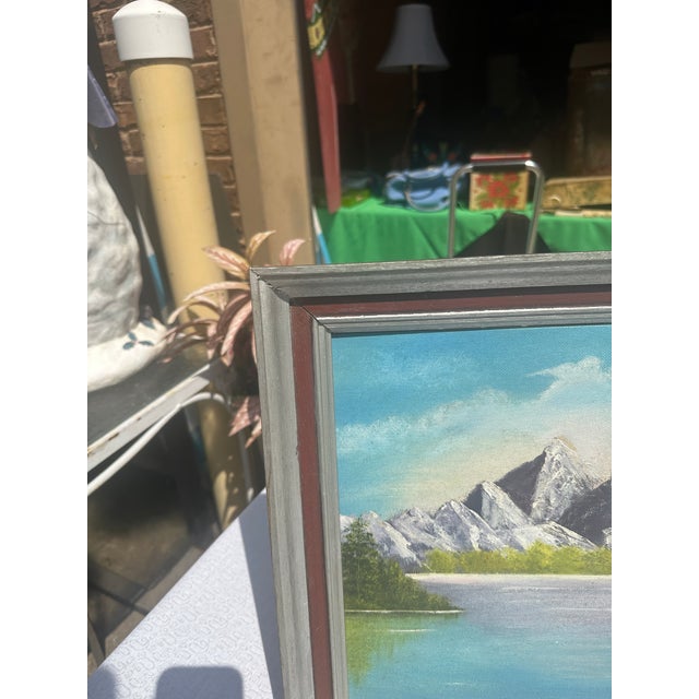Mid-Century Modern 1990s Framed Waterside Mountain Landscape Painting on Canvas, Signed by the Artist For Sale - Image 3 of 8