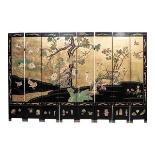 Large 8 Panel Black & Gold Floral Motif Folding Screen For Sale