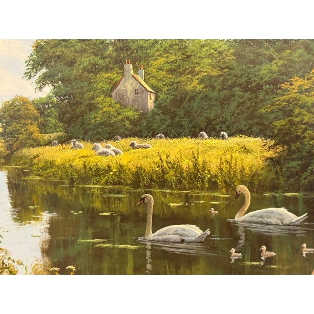 Pair - Ornately framed Oval English River Flower Scenes with Swans, Cows, Sheep 1990 (Circa) For Sale - Image 4 of 16