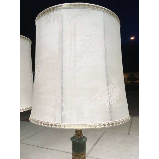 Pair of Japanese Bronze & Marble Column Table Lamps With Original Shades For Sale - Image 11 of 13