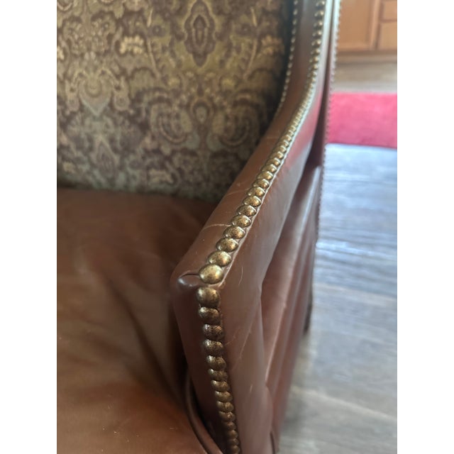 Vintage Century Furniture Leather & Tapestry Oversized Wingback Chair For Sale - Image 11 of 14