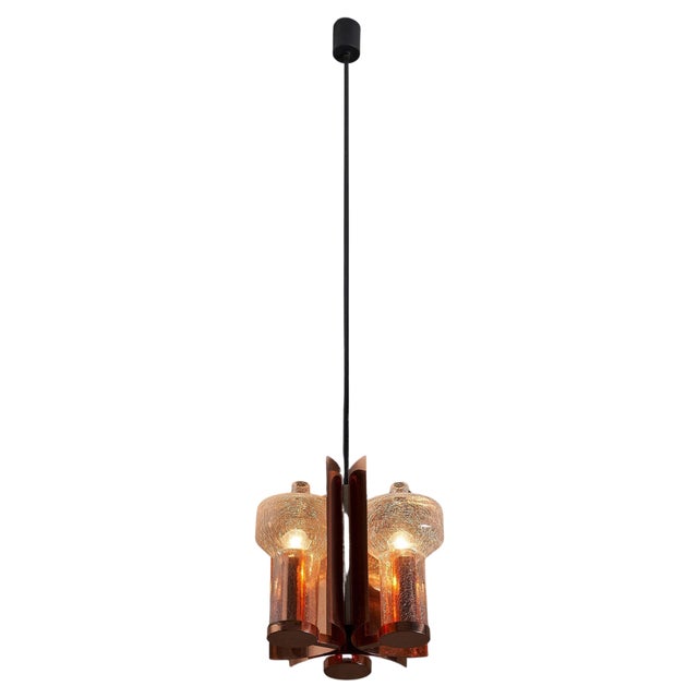 Mid-Century Hanging Light in Brass with 3 Textured Glass Sconces, 1960 For Sale