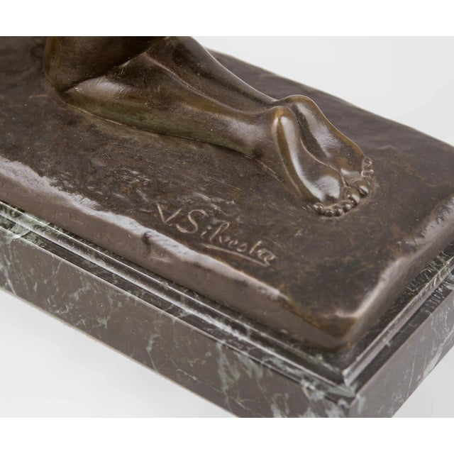 Metal Art Déco Patinated Bronze Sculpture of a Girl and a Jumping Goat With Marble Base by Paul Silvestre for Susse Frères For Sale - Image 7 of 11