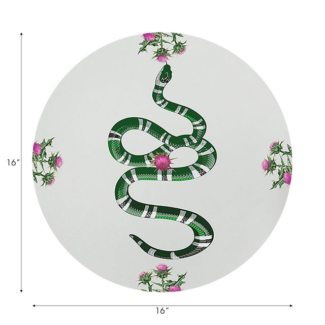 Traditional Thistle And Snake Pink White Vegan Leather Round Pebble Placemat, Set of 4 For Sale - Image 3 of 5