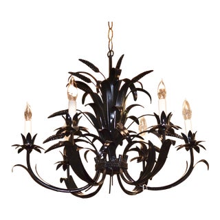 1960s Hollywood Regency Wheat Lacquered Black Chandelier, From France For Sale
