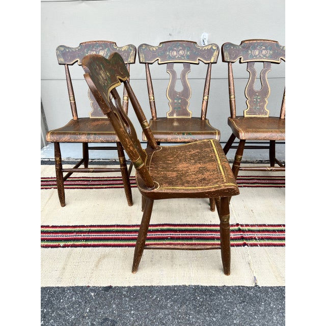 Brown Set of 6 Paint Decorated Farmhouse Kitchen Chairs, Lancaster County, Pa Circa 1850’s For Sale - Image 8 of 12