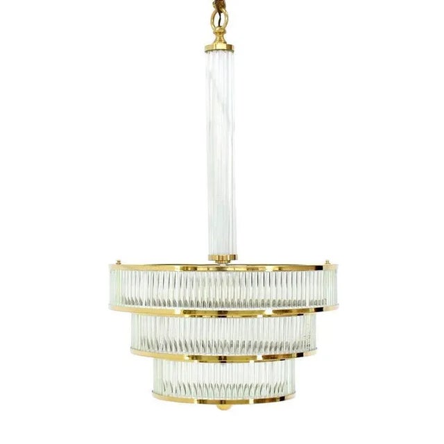 Metal Mid-Century Modern Glass and Brass Three-Tier Light Fixture For Sale - Image 7 of 10