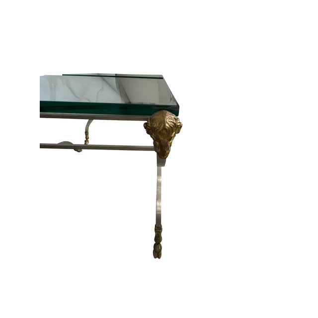 Brass Mid 20th Century Neoclassical Style Glass-Top Coffee Tables with Rams Heads - A Pair For Sale - Image 8 of 18