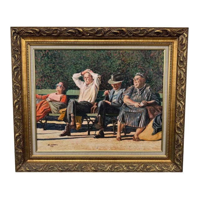 Late 20th Century Neil Caldwell "Sun Worshippers" Washington Square Ny Oil on Canvas For Sale