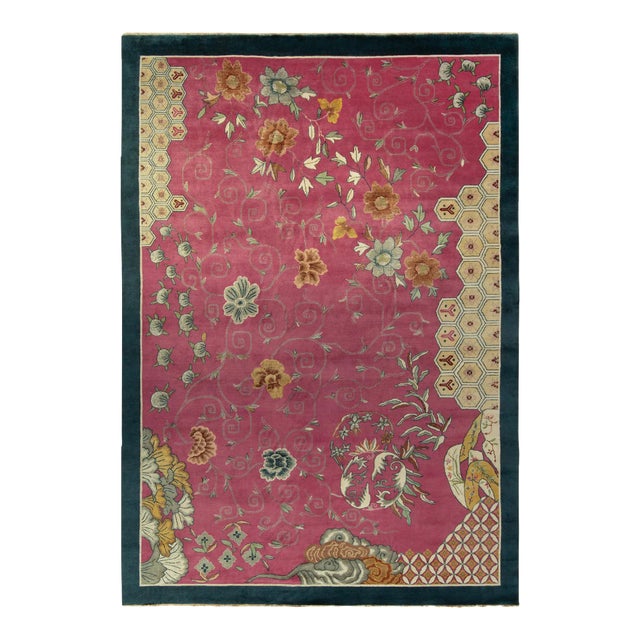 Rug & Kilim Chinese Style Art Deco Rug in Pink with Blue Border, Gold Florals - 9'x12' For Sale