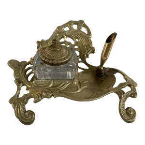 Victorian Style Brass and Glass Inkwell & Pen Holder