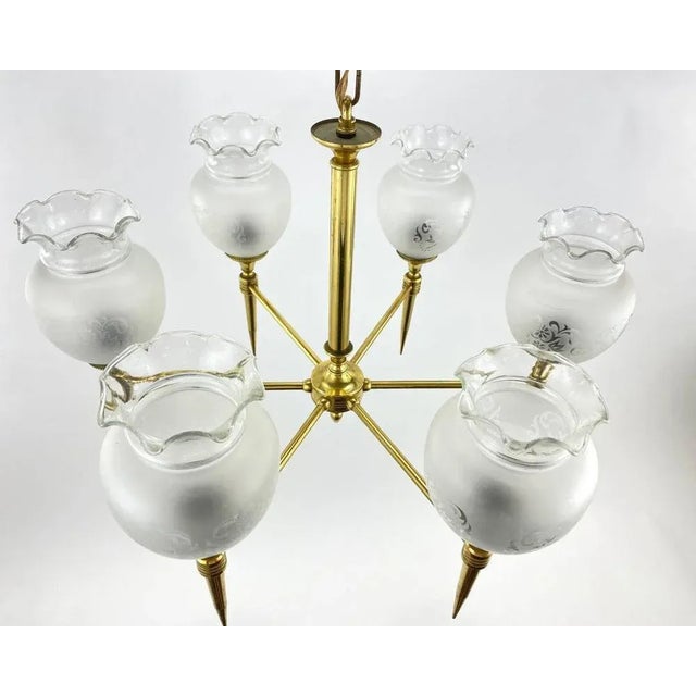 Vintage Brass and Frosted Glass Chandelier, France, 1970s For Sale - Image 6 of 8