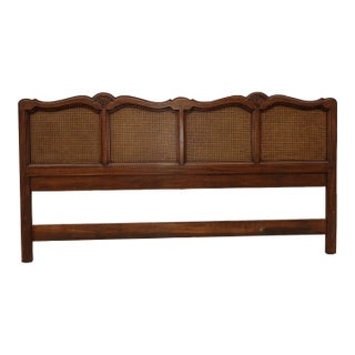 Vintage French Country Louis XVI Style Brown Cane King Headboard For Sale