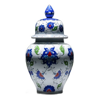 Handmade Ceramic Lidded Jar (20cm) Blue and Turquoise Floral Ginger Vase Kupecik For Sale
