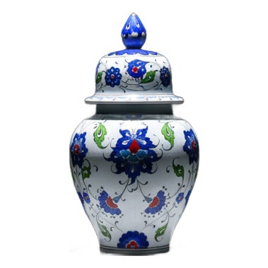 Handmade Ceramic Lidded Jar (20cm) Blue and Turquoise Floral Ginger Vase Kupecik For Sale