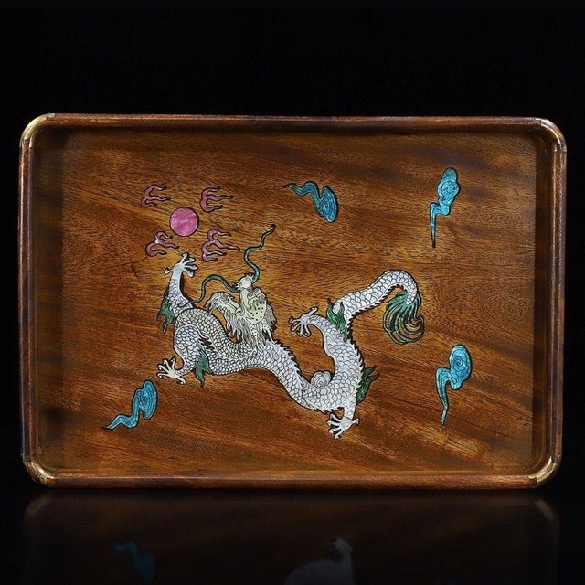 Mid 20th Century Vintage Rosewood Tray With Mother-of-Pearl Dragon - Brass Mounted Tea Tray For Sale - Image 5 of 9