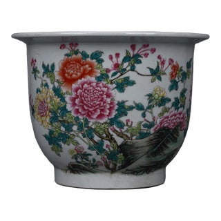 Hand-Painted Famille Rose Porcelain Planter – 10.6" Peony Jardiniere With Calligraphy For Sale