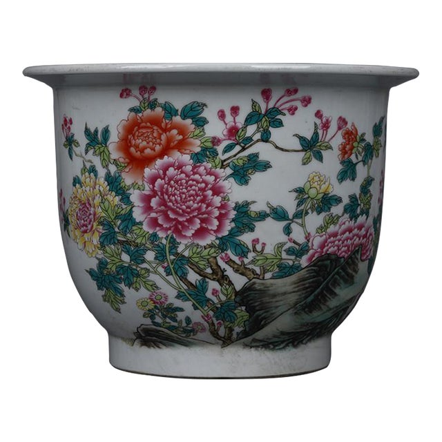 Hand-Painted Famille Rose Porcelain Planter – 10.6" Peony Jardiniere With Calligraphy For Sale