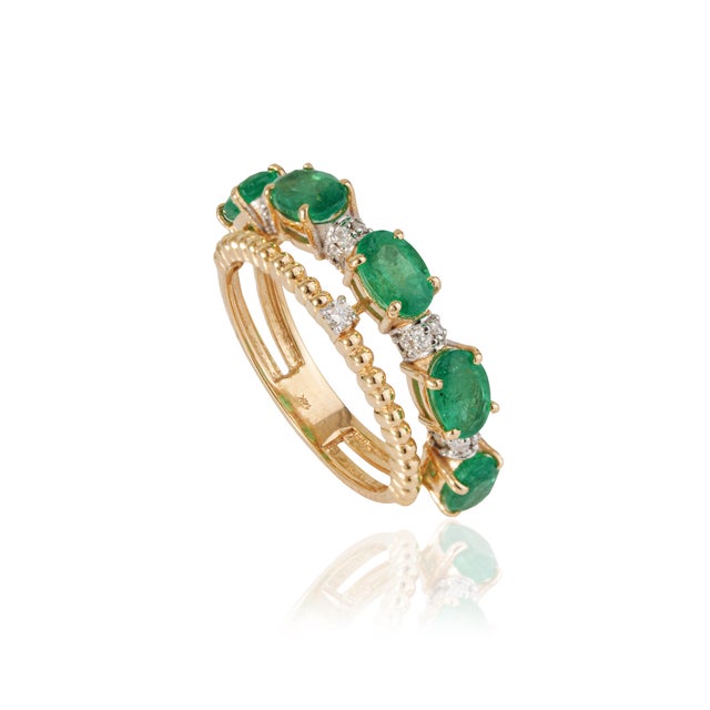 VR Jewels Vintage-Style 2.18ct Oval Emerald & Diamond Double Band Ring in 14k Gold Size 6 For Sale - Image 4 of 18