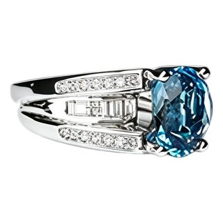 Late 20th Century 14K White Gold Blue Topaz Baugette Diamond Ring Band, Size 7 For Sale