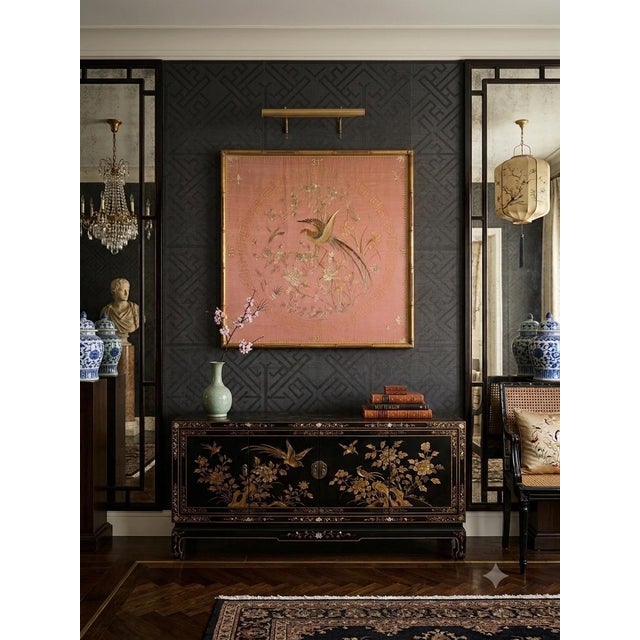 Vintage Chinoiserie Silk Embroidered Birds and Flowers Wall Art in Gilded Bamboo Frame 31.5" Square For Sale - Image 11 of 12
