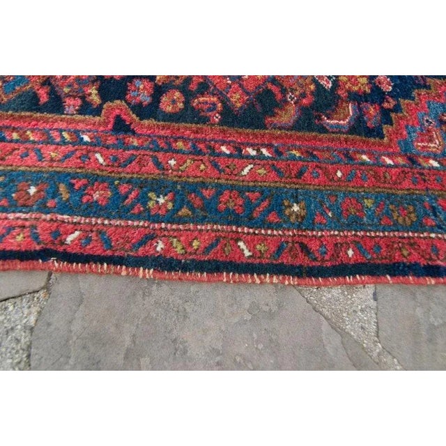 1940s Vintage Floral Geometric Ink Blue Scarlet Red Hand Knotted Wool Low Pile Accent Rug - 3’4” X 6’4” For Sale - Image 9 of 11
