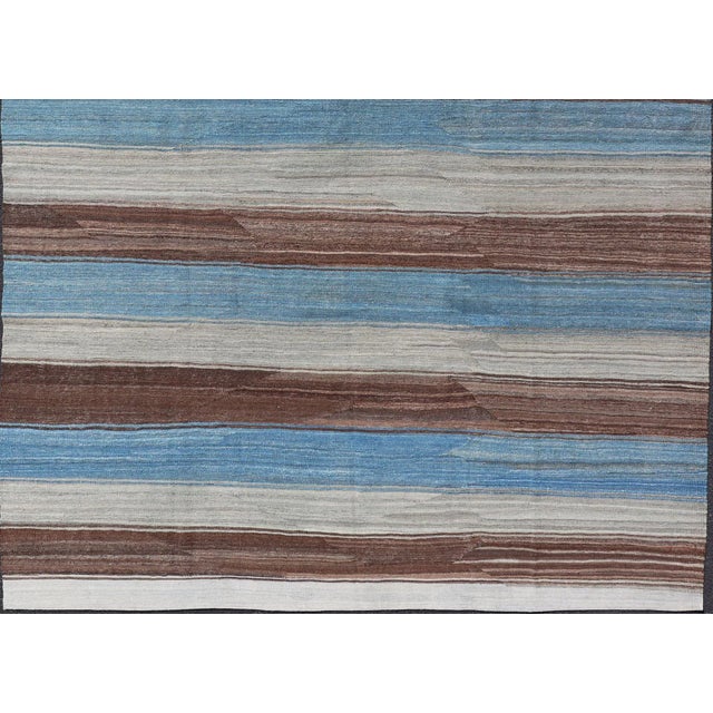 Kilim Rug With Horizontal Stripes in Blue, Brown, and Soft Gray 8'4 X 11'10 For Sale - Image 10 of 13