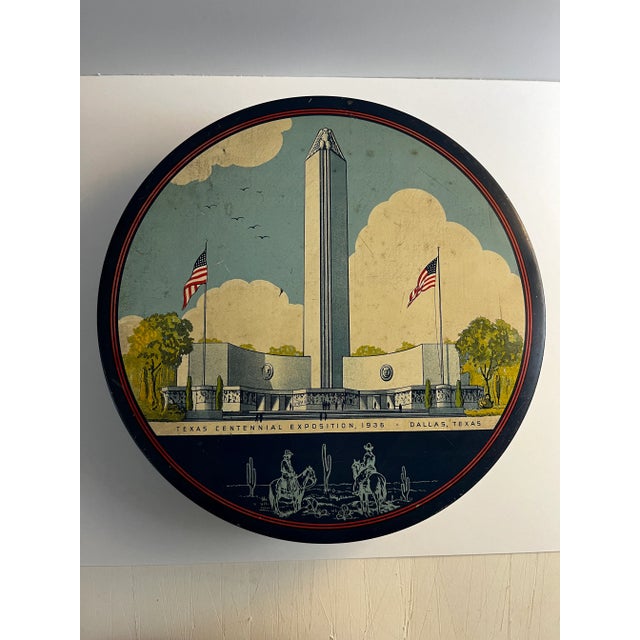 Wonderful vintage metal biscuit tin box, Texas Centennial Exposition, 1936. Vivid graphics on lid. Marked Mrs. Sothern...